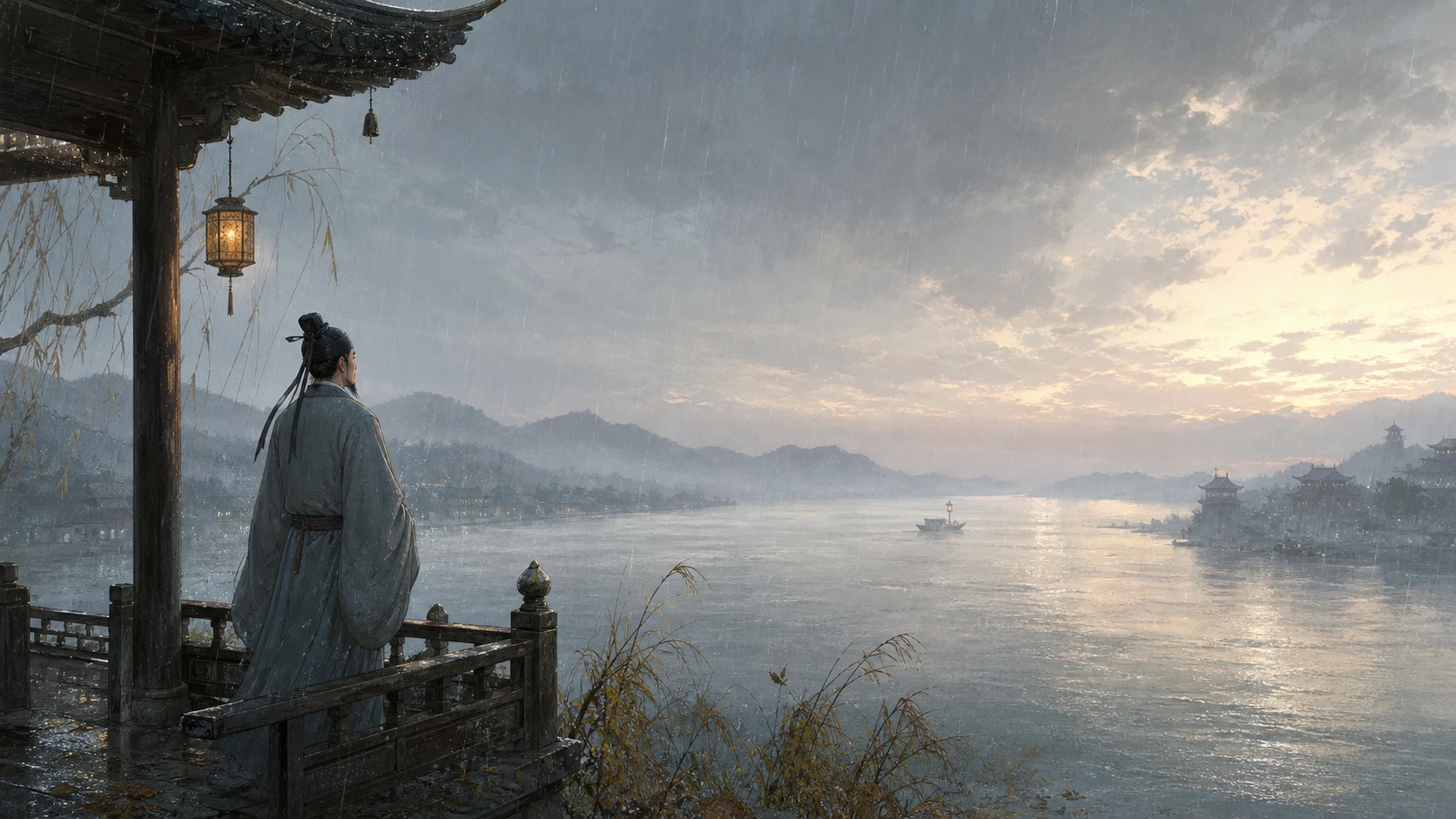 对潇潇暮雨洒江天